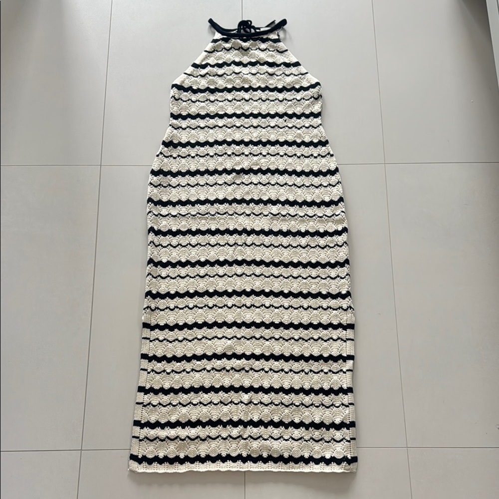 Black and Cream Striped Halter Dress